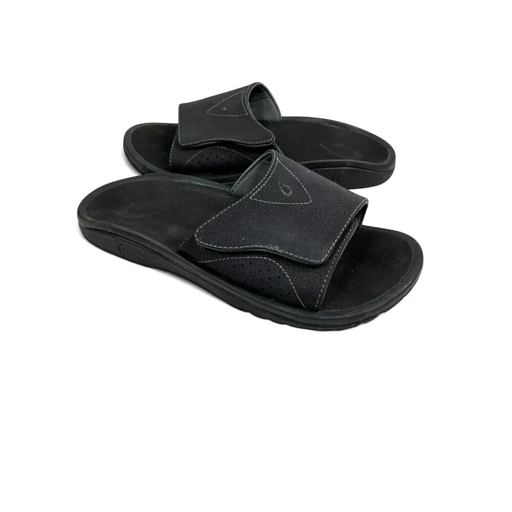 OluKai Nalu Slide Sandals Men's Size 10 Black Water Resistant Hoop-n-Loop Beach